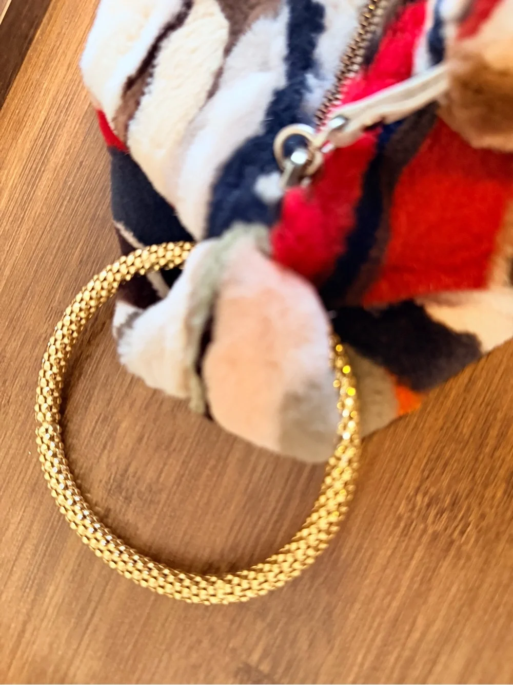 Multicolor Fur Wristlet Clutch with Gold Ring